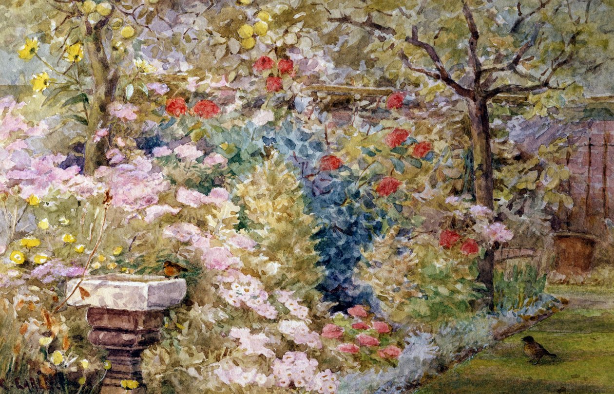 夏日花园有鸟儿、花朵和喷泉的夏日花园。查尔斯-厄尔（1832-1893 年，英国人）的画作 私人收藏 作者 查尔斯·厄尔