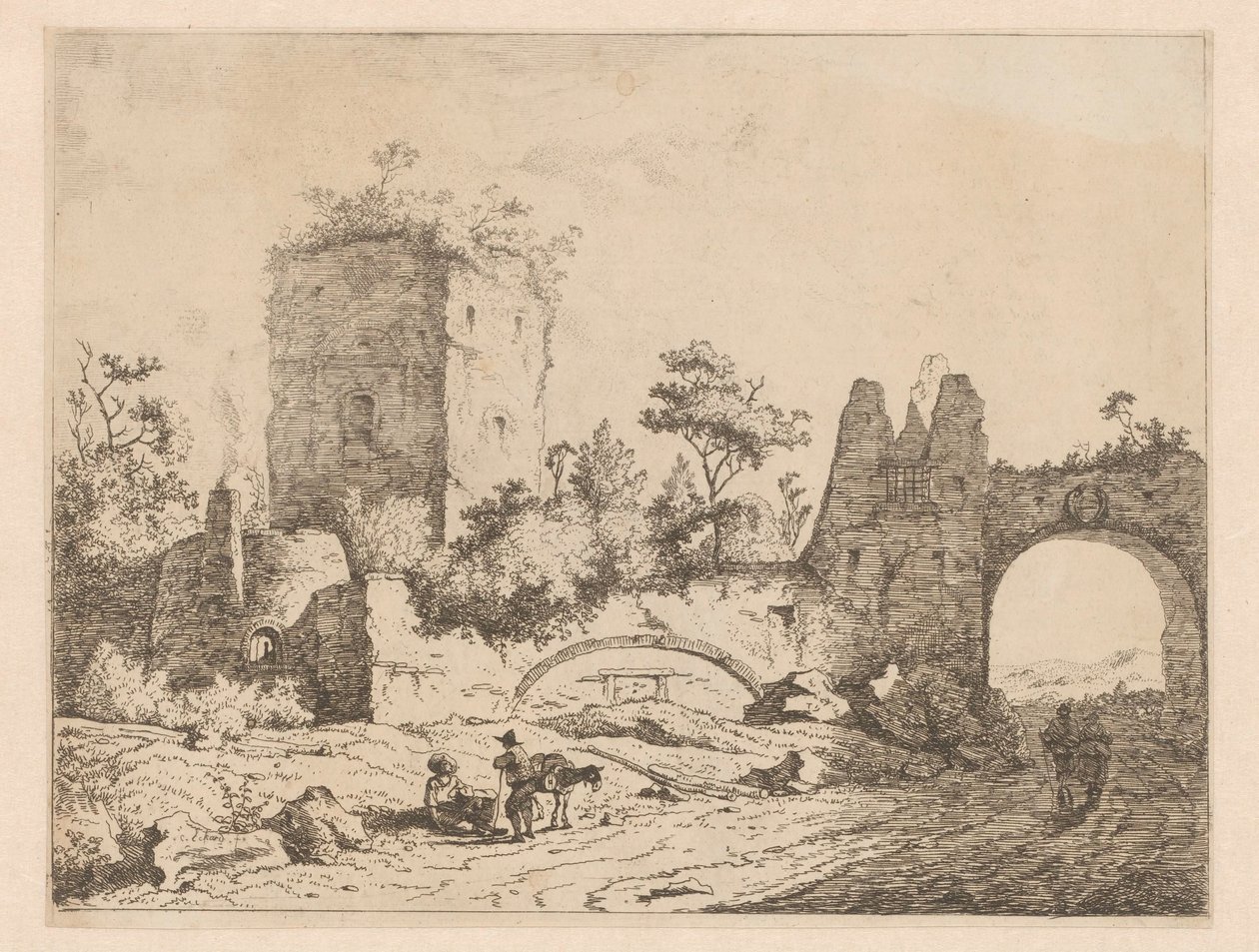 带有废塔和大门的风景
风景中的废墟版画（系列名称）
Cahier de ruines et de paysages（系列名称） 作者 查尔斯·埃查德（归因于）
