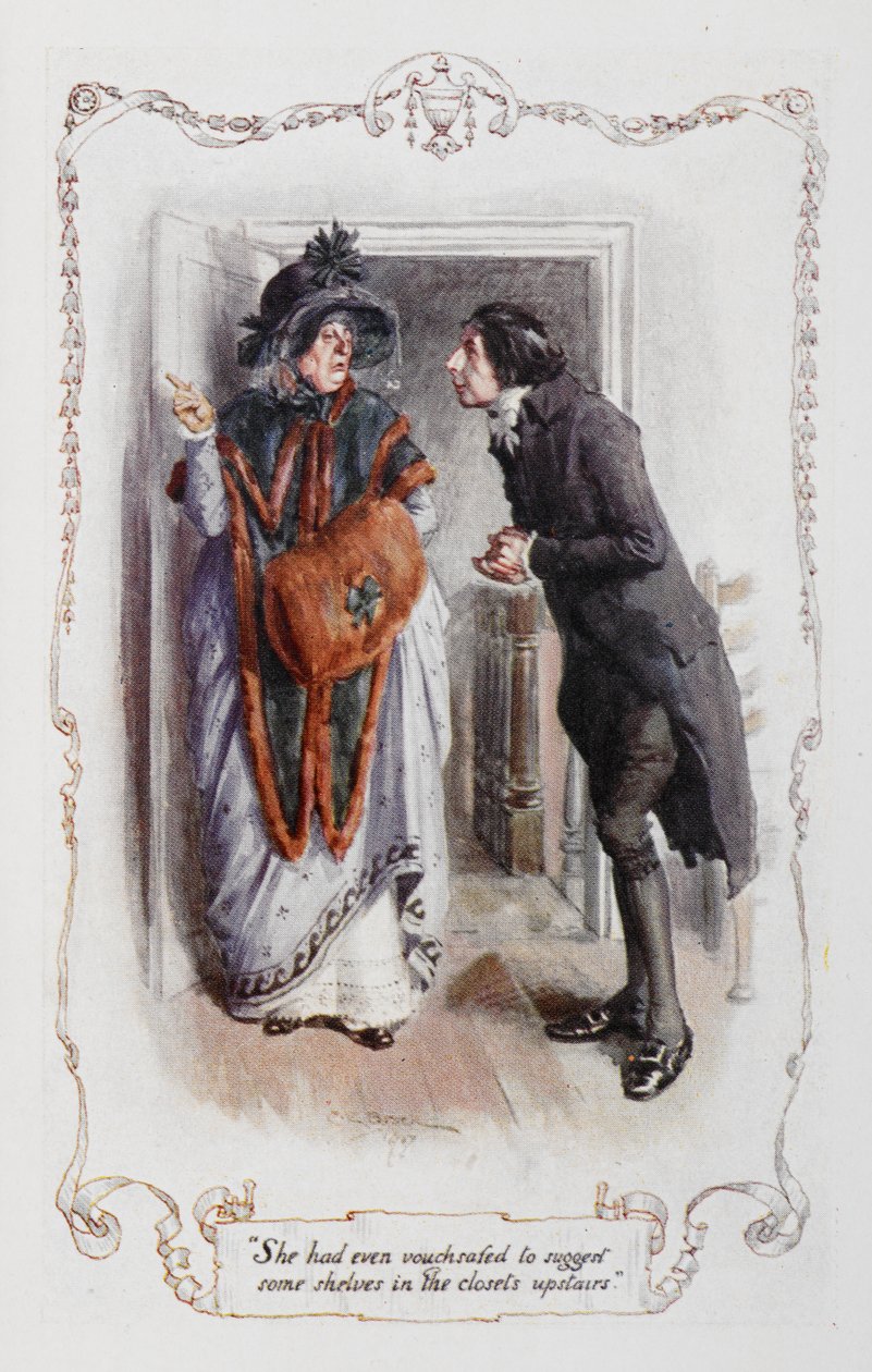 简-奥斯汀（Jane Austen）的《傲慢与偏见》中的插图（彩色石版印刷）。 作者 查尔斯·埃德蒙·布洛克