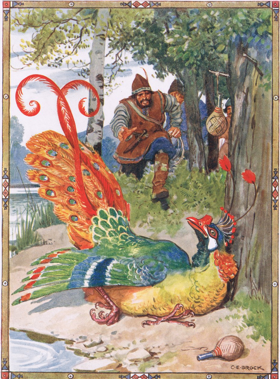 当他试图飞行时，他发现他的翅膀太重了，摩西加斯特（1856-1939）1921年来自罗马尼亚传说的儿童故事中的花儿骑士的场景 作者 查尔斯·埃德蒙·布洛克