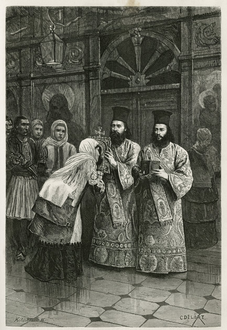 Pritres donnant a baiser les images saintes, engraving by Ch.Delort, to illustrate Henri Belle