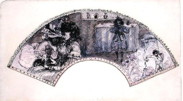 扇子设计（Le Boudoir）（纸上笔墨和水彩）。 作者 查尔斯·爱德华·康德