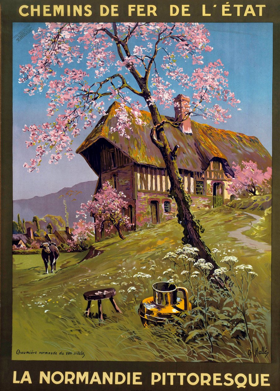 查尔斯·爱德华·哈勒（Charles Edward Halle，1846-1919 年）为国家铁路 - 风景如画的诺曼底所做的海报：17 世纪诺曼底乡村的小屋。 19 世纪私人收藏 - 查尔斯·爱德华·哈勒（Charles Edward Halle，1846-1919 年）为国家铁路公司制作的海报，风景如画的 Nor 作者 查尔斯·爱德华·哈勒