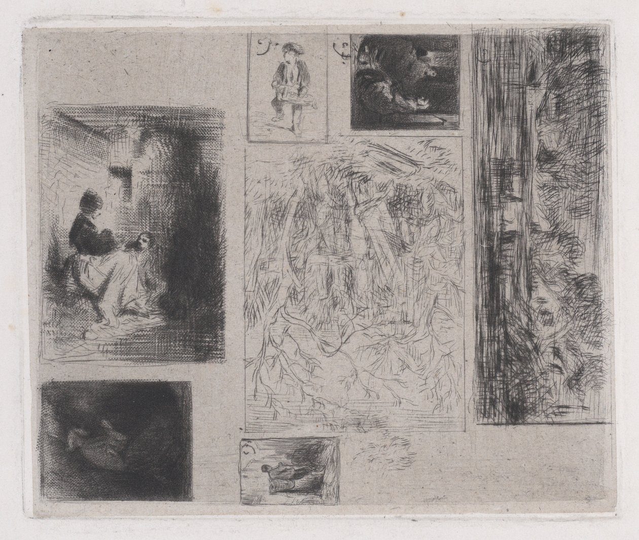 复合板：女人和孩子a，老音乐家b，油炸商人c，风景...，1843年。 作者 查尔斯·埃米尔·雅克