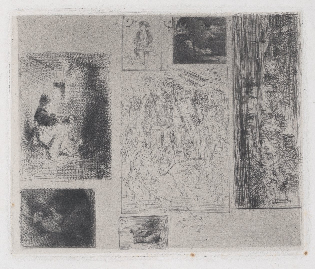 复合板：女人和孩子a，老音乐家b，油炸商人c，风景...，1843年。 作者 查尔斯·埃米尔·雅克