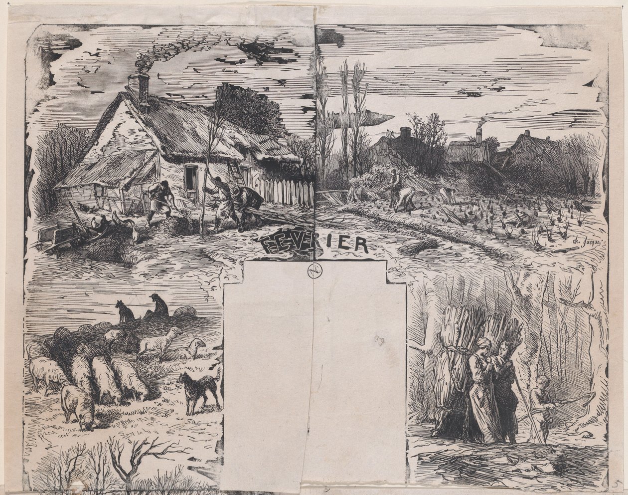 二月，来自《乡村题材专辑》，1859年。 作者 查尔斯·埃米尔·雅克