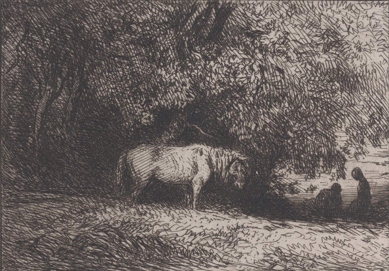 树枝下的马，1846年。 作者 查尔斯·埃米尔·雅克