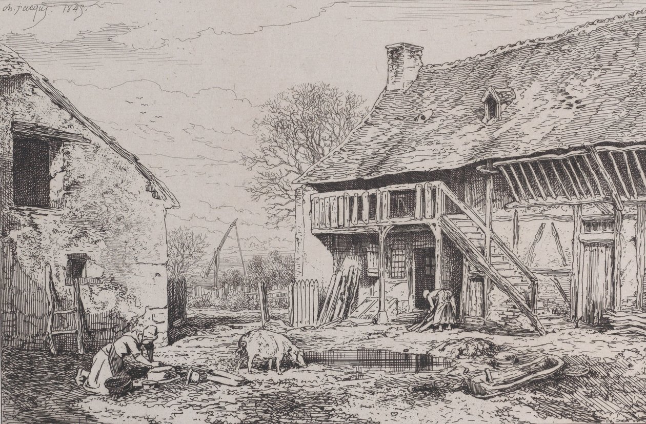 农民院子的风景，1845年。 作者 查尔斯·埃米尔·雅克