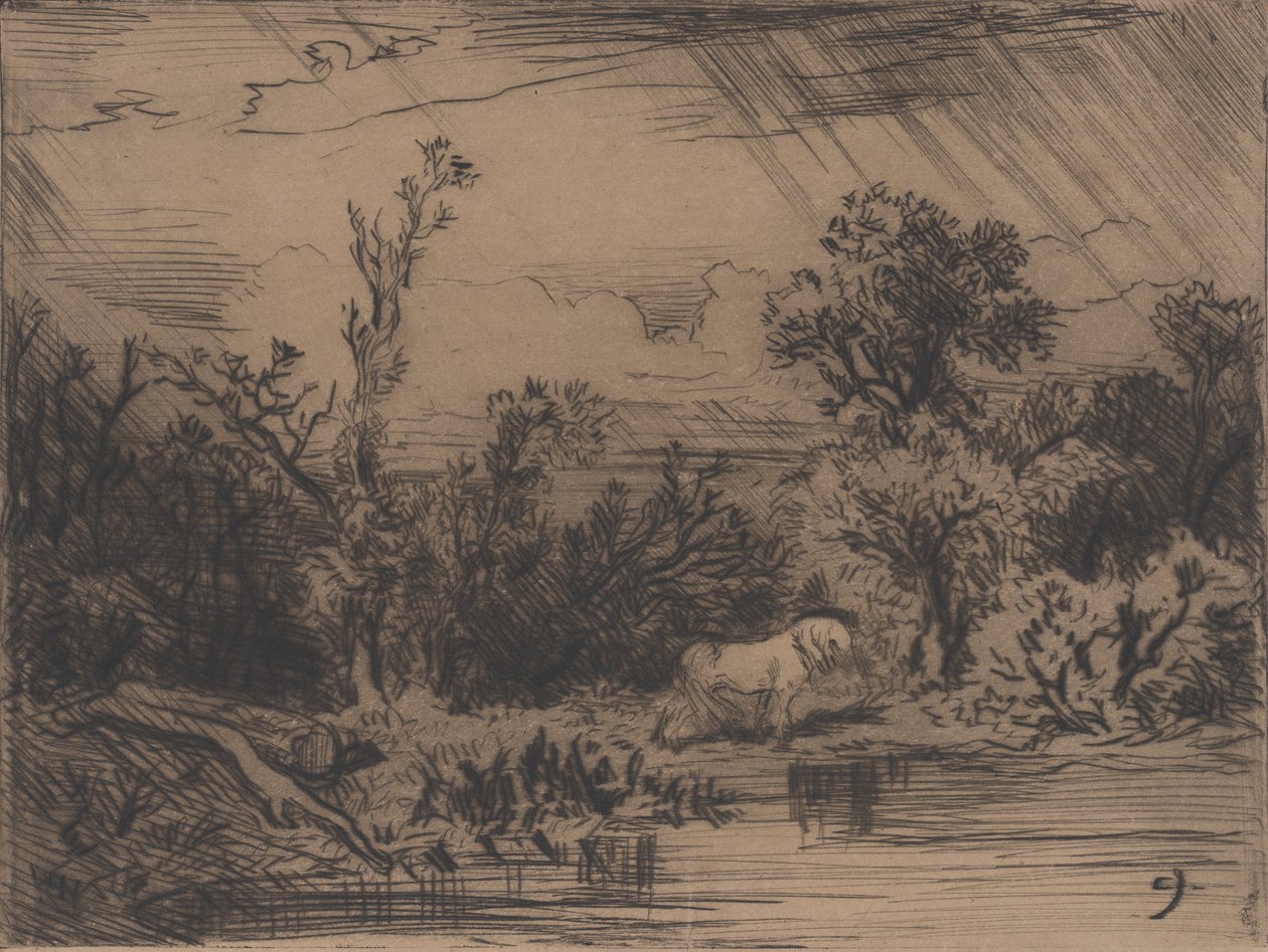 有雷雨的风景，1848年。 作者 查尔斯·埃米尔·雅克