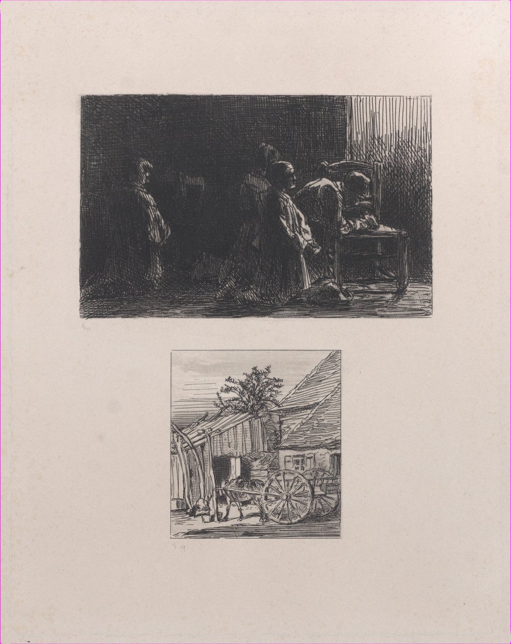 上图为祈祷者，下图为房屋前的推车，1845年。 作者 查尔斯·埃米尔·雅克