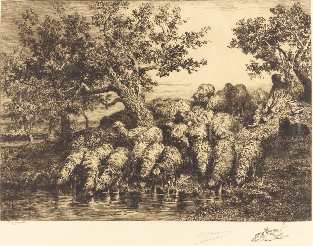 饮水处的羊群（Abreuvoir aux moutons） 作者 查尔斯·埃米尔·雅克