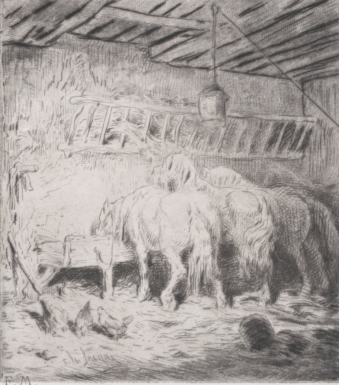 马厩，1848年。 作者 查尔斯·埃米尔·雅克