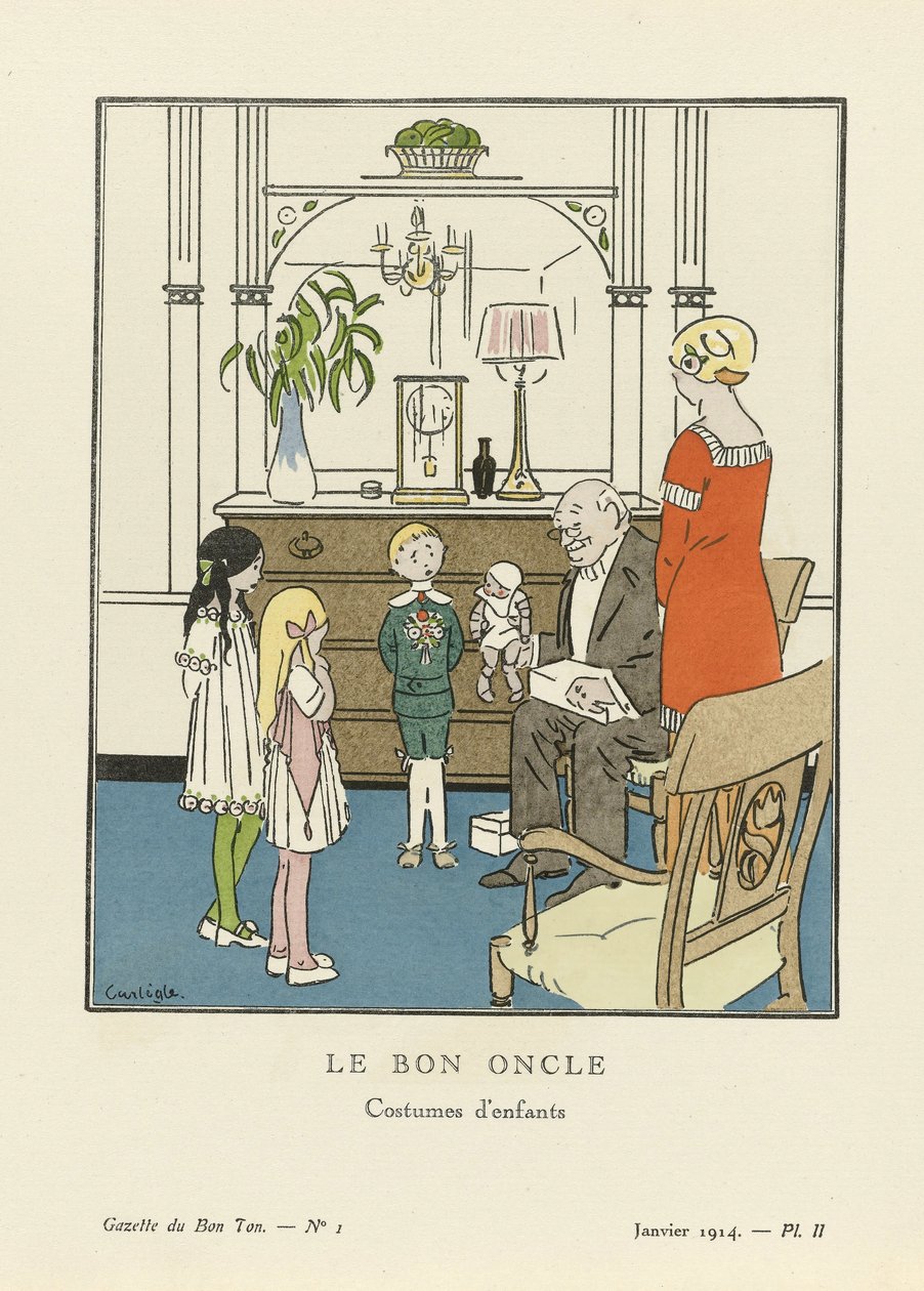 好叔叔》。儿童服装，来自La Gazette du Bon Ton, pub.1914年（模版印刷）。 作者 Charles Emile叫Carlegle Egli