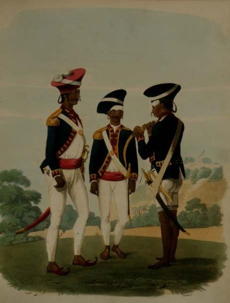 马德拉斯Gurcasear军团的军官和士兵，板块37来自《东方绘画》，由Thomas Medland（1755-1823）雕刻出版。1806年（水印）。 作者 查尔斯·埃米利厄斯（后）金