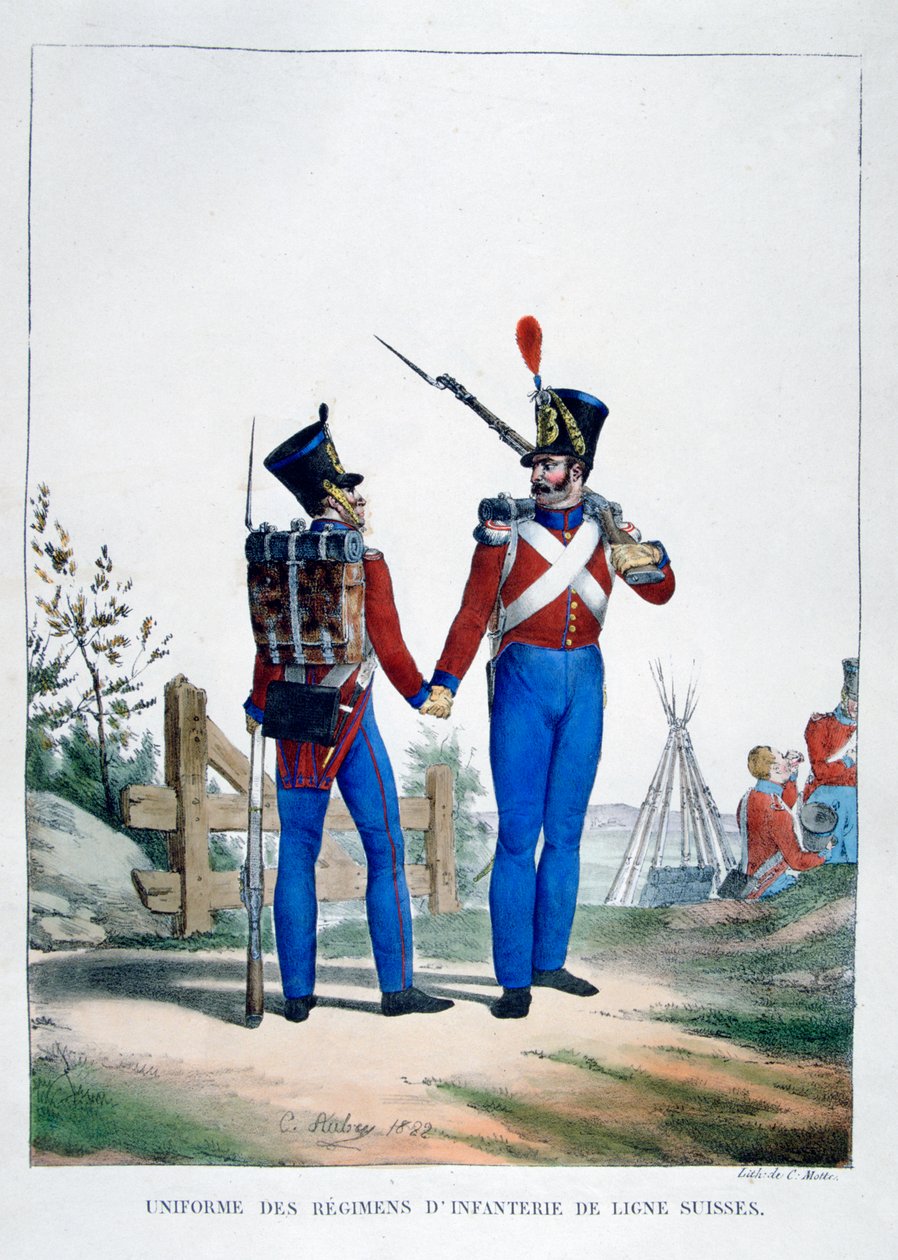 1823年，法国，瑞士步兵团的制服。 作者 查尔斯·艾蒂安·皮埃尔·莫特