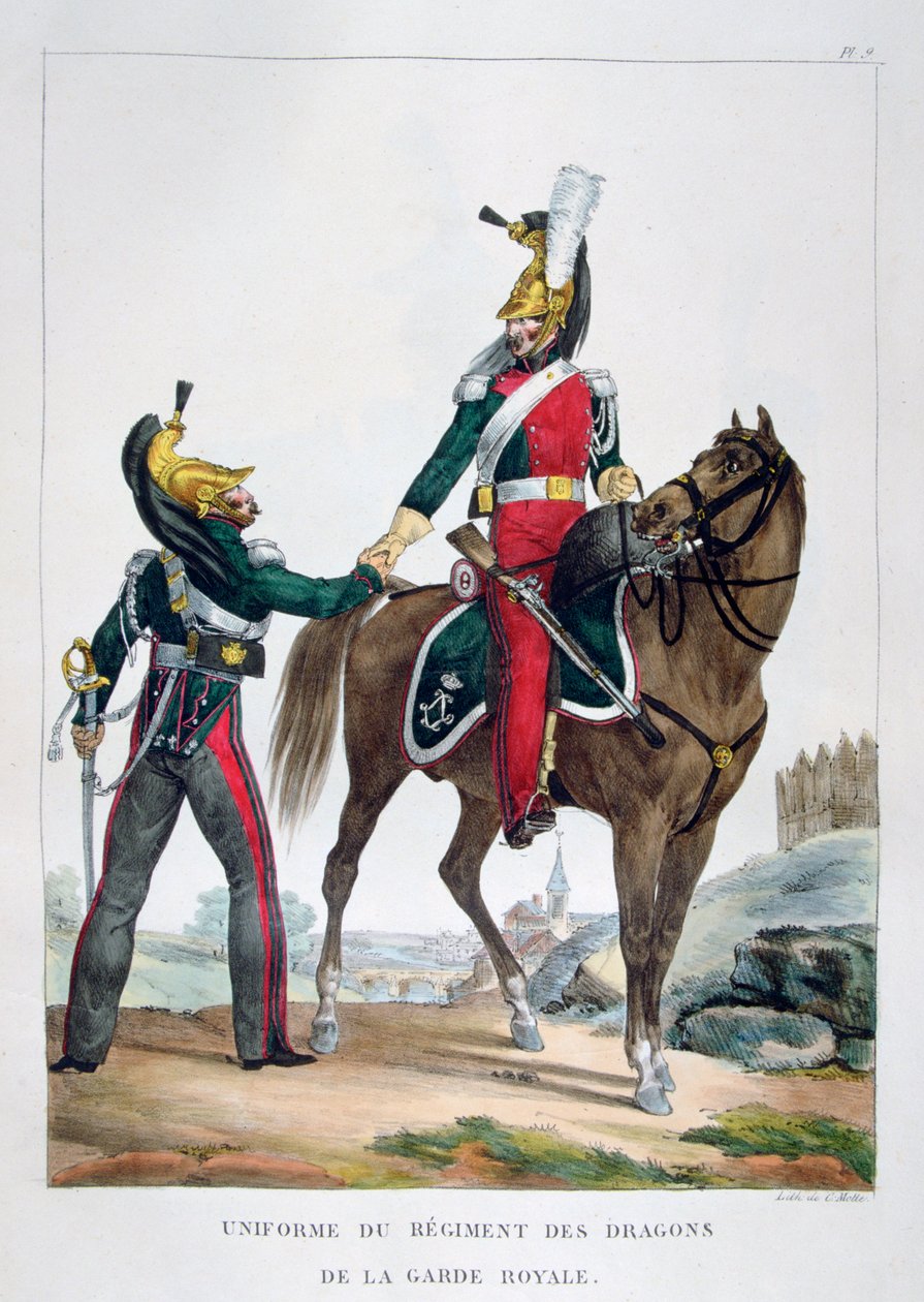 皇家卫队龙骑兵团的制服，法国，1823年。 作者 查尔斯·艾蒂安·皮埃尔·莫特