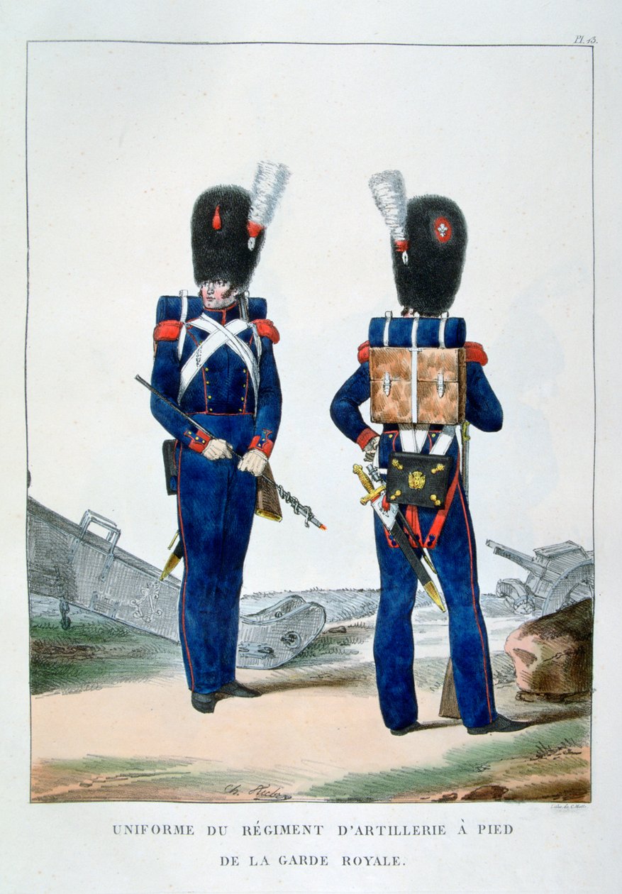 皇家卫队的脚炮团的制服，法国，1823年。 作者 查尔斯·艾蒂安·皮埃尔·莫特