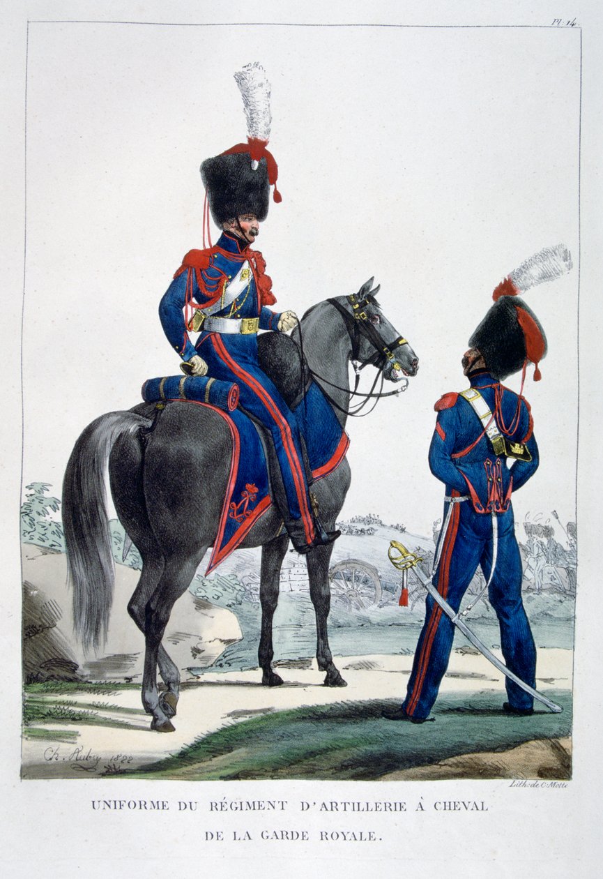 皇家卫队马炮大队的制服，法国，1823年。 作者 查尔斯·艾蒂安·皮埃尔·莫特