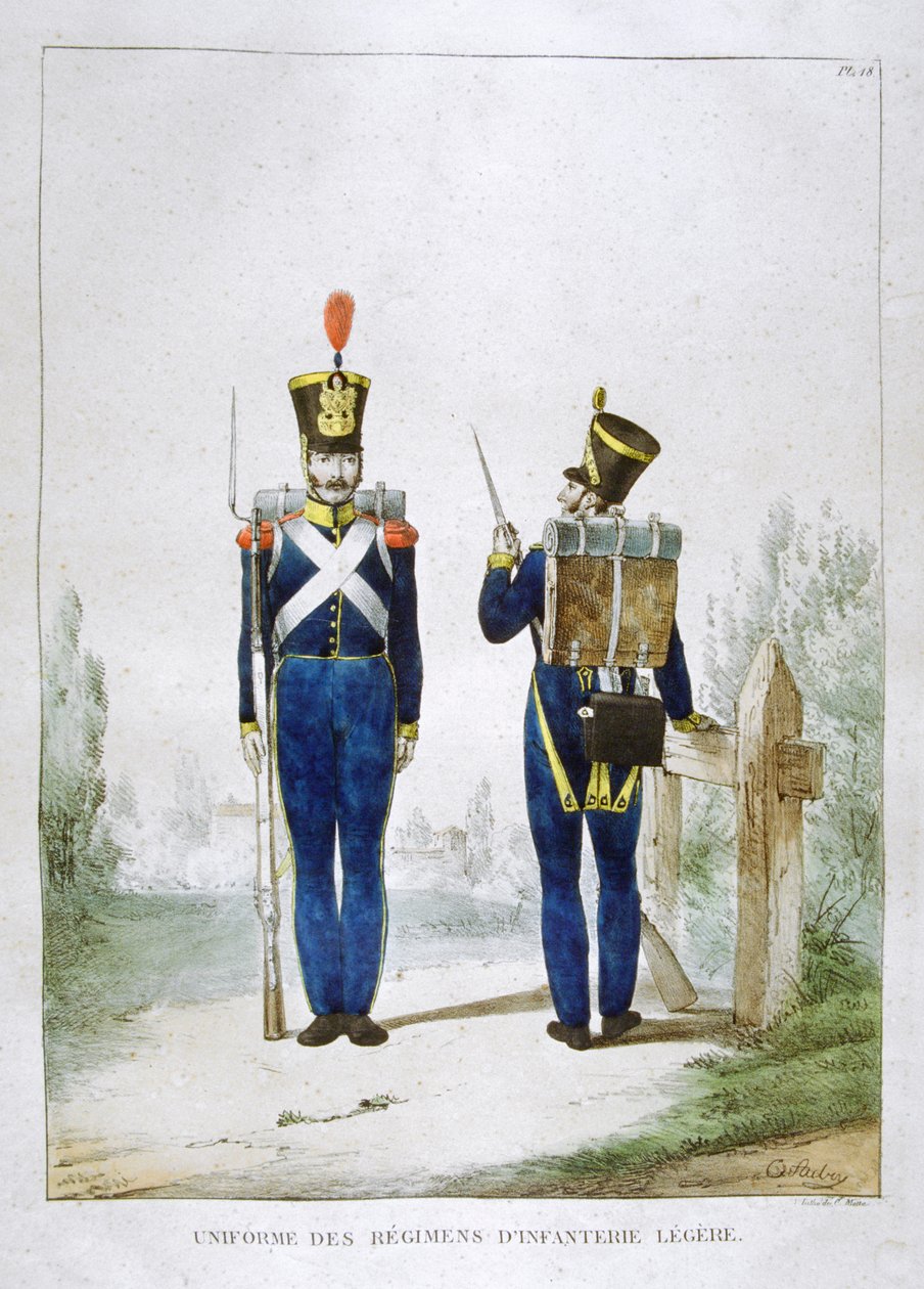 轻步兵团的制服，法国，1823年。 作者 查尔斯·艾蒂安·皮埃尔·莫特