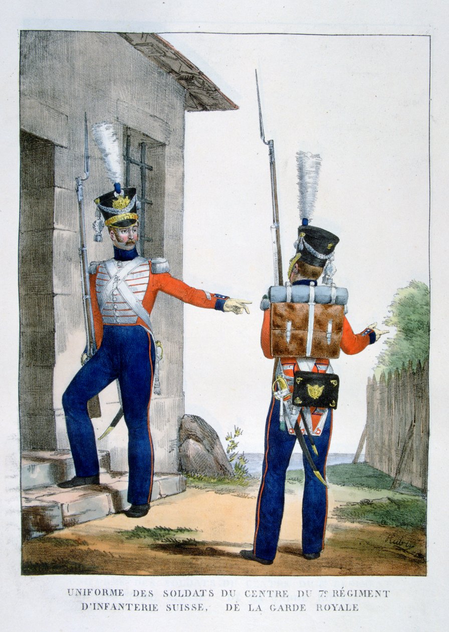 瑞士皇家卫队第七步兵团的制服，法国，1823年。 作者 查尔斯·艾蒂安·皮埃尔·莫特