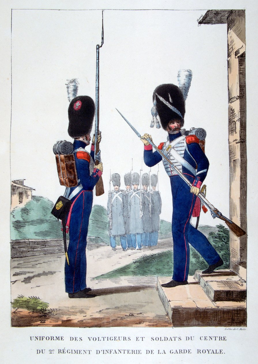 法国皇家卫队第二步兵的制服，1823年。 作者 查尔斯·艾蒂安·皮埃尔·莫特