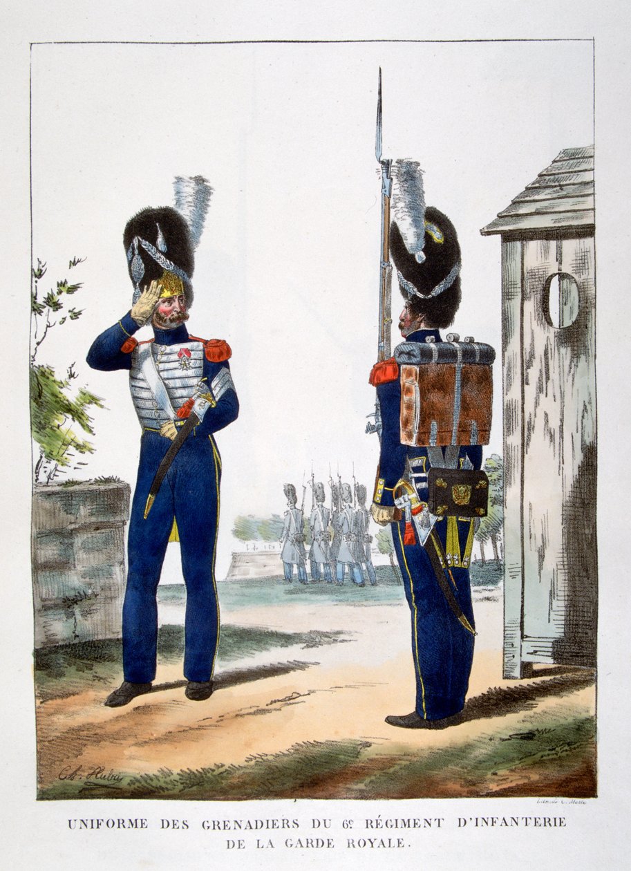 法国皇家卫队的手榴弹兵制服，1823年。 作者 查尔斯·艾蒂安·皮埃尔·莫特