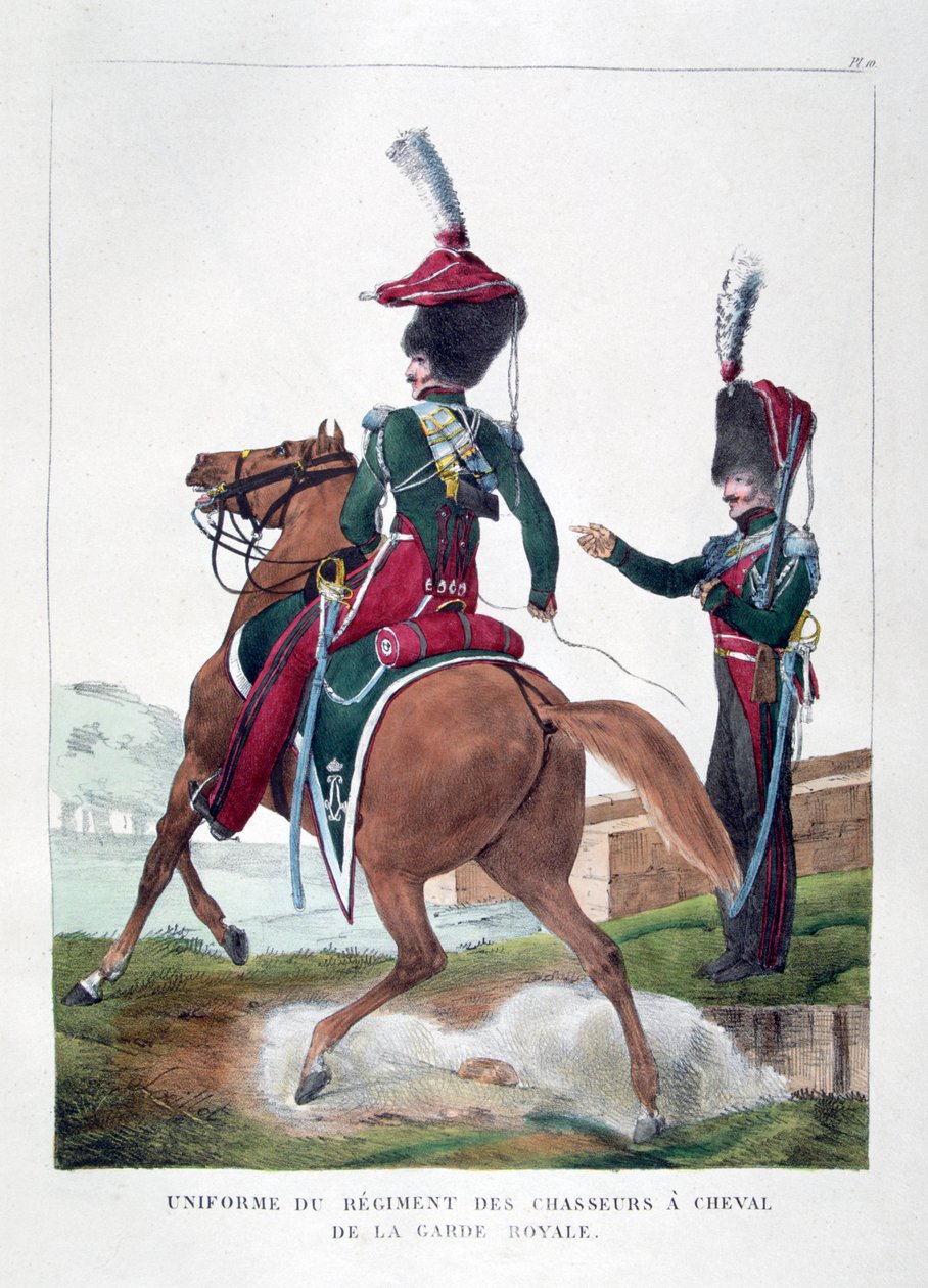 1823年，法国皇家卫队骑乘式追逐团的制服。 作者 查尔斯·艾蒂安·皮埃尔·莫特
