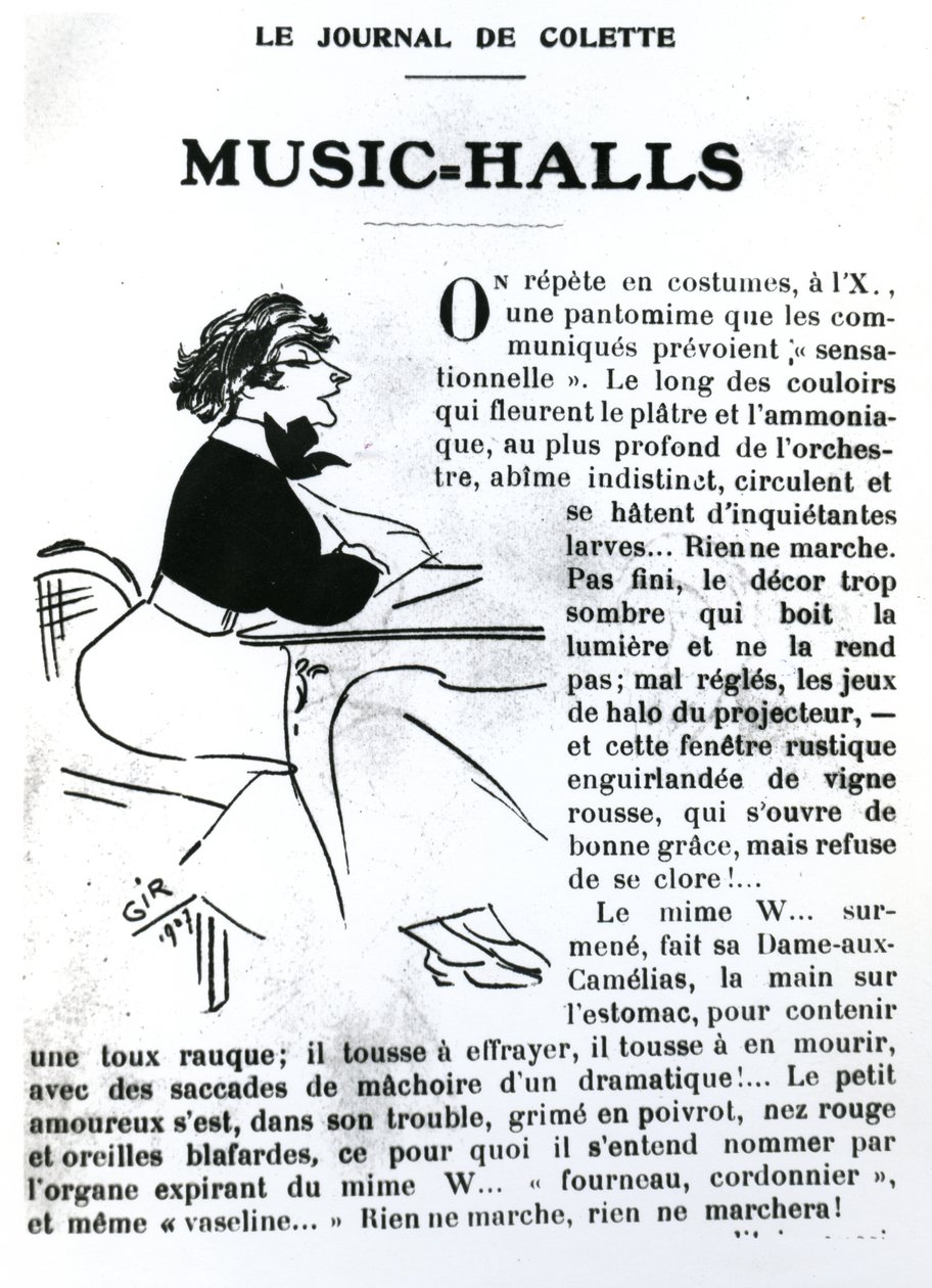 Colette的漫画来自她在Vrilles de la Vigne的音乐厅的论文，发表于巴黎La Vie Parisienne，1908年 作者 查尔斯·费利克斯·吉尔