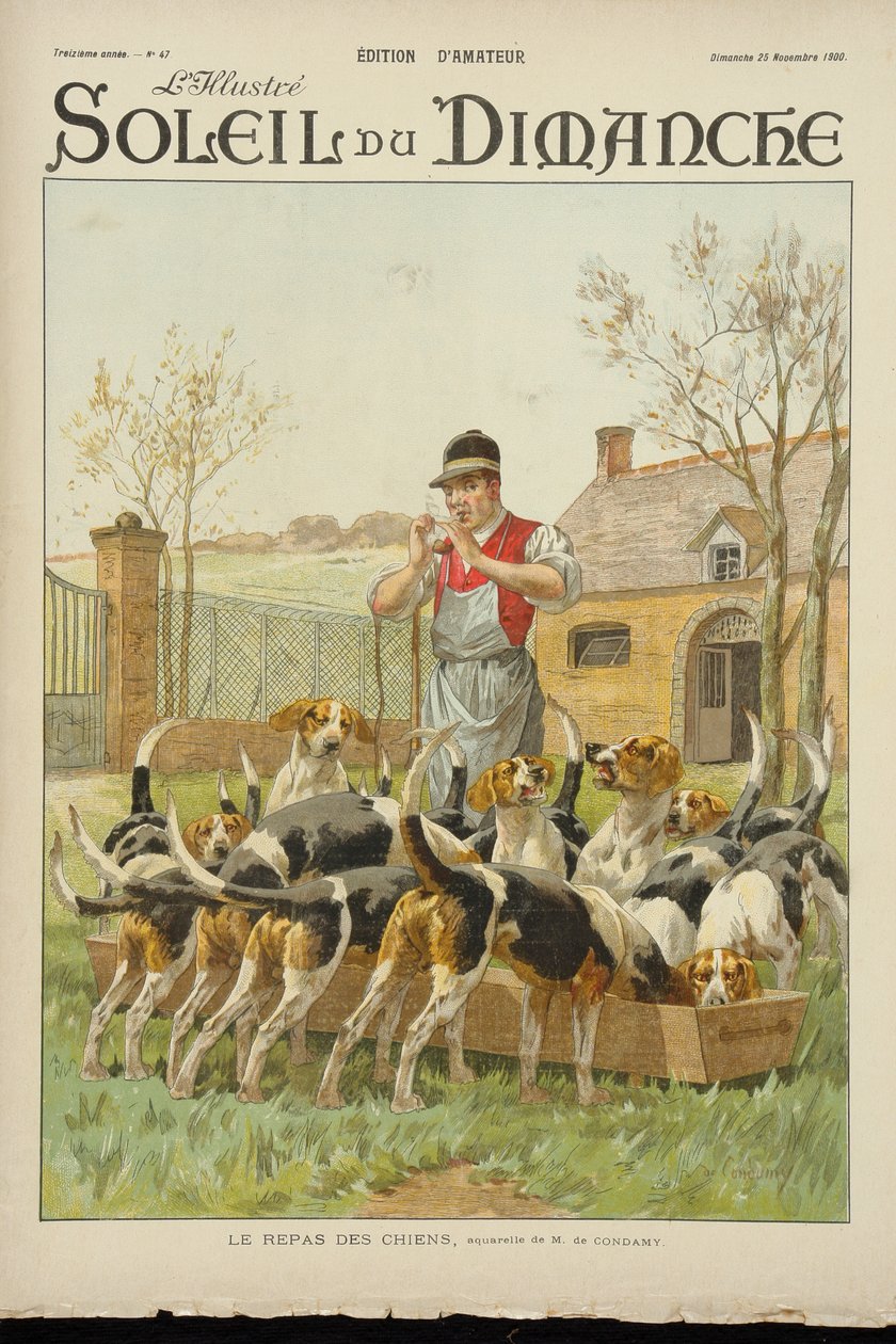 猎犬从1900年11月25日的&39;Soleil du Dimanche&39;封面喂食 作者 查尔斯·费尔南德·康达米