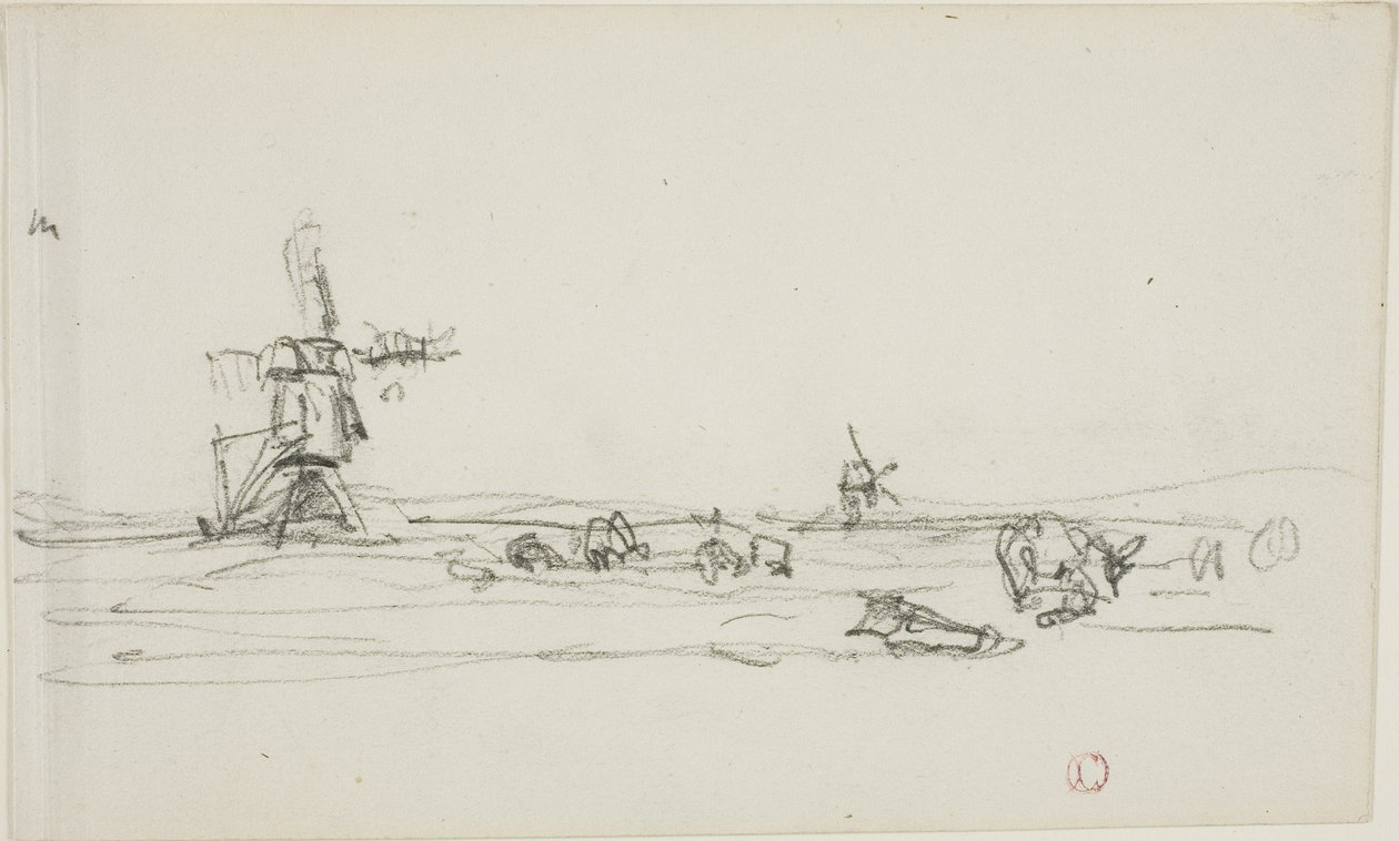 荷兰风景（正面）；水边风车素描（背面） 作者 查尔斯·弗朗索瓦·杜比尼