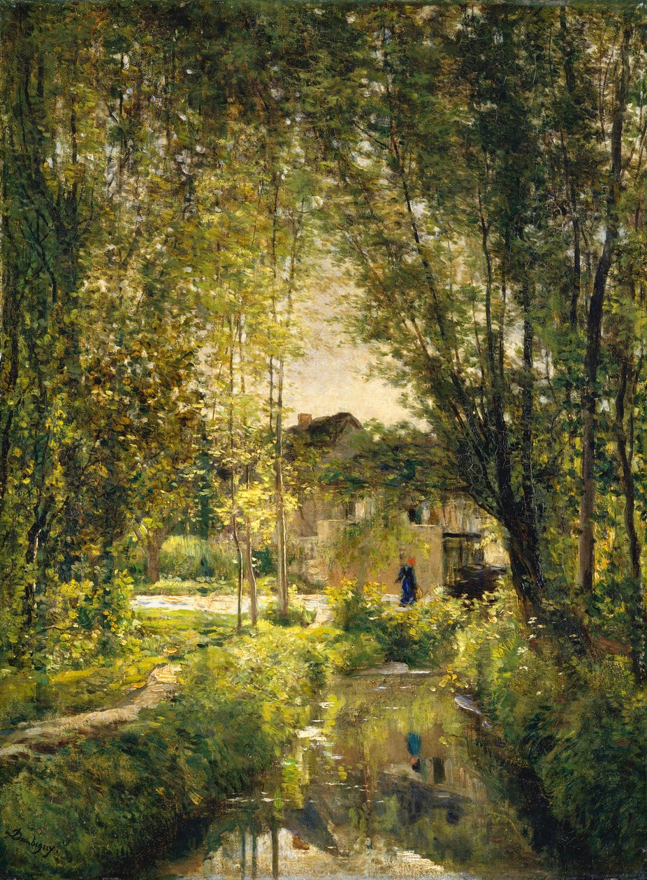 风景与阳光照射的溪流，ca。 1877年。 作者 查尔斯·弗朗索瓦·杜比尼