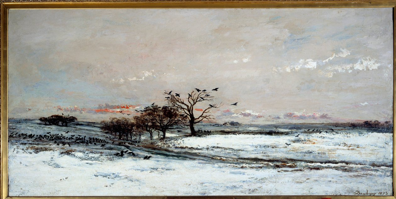 夕阳下的雪景。 查尔斯·弗朗索瓦·多比尼 (Charles Francois Daubigny) 的绘画 (1817-1878) 作者 查尔斯·弗朗索瓦·杜比尼
