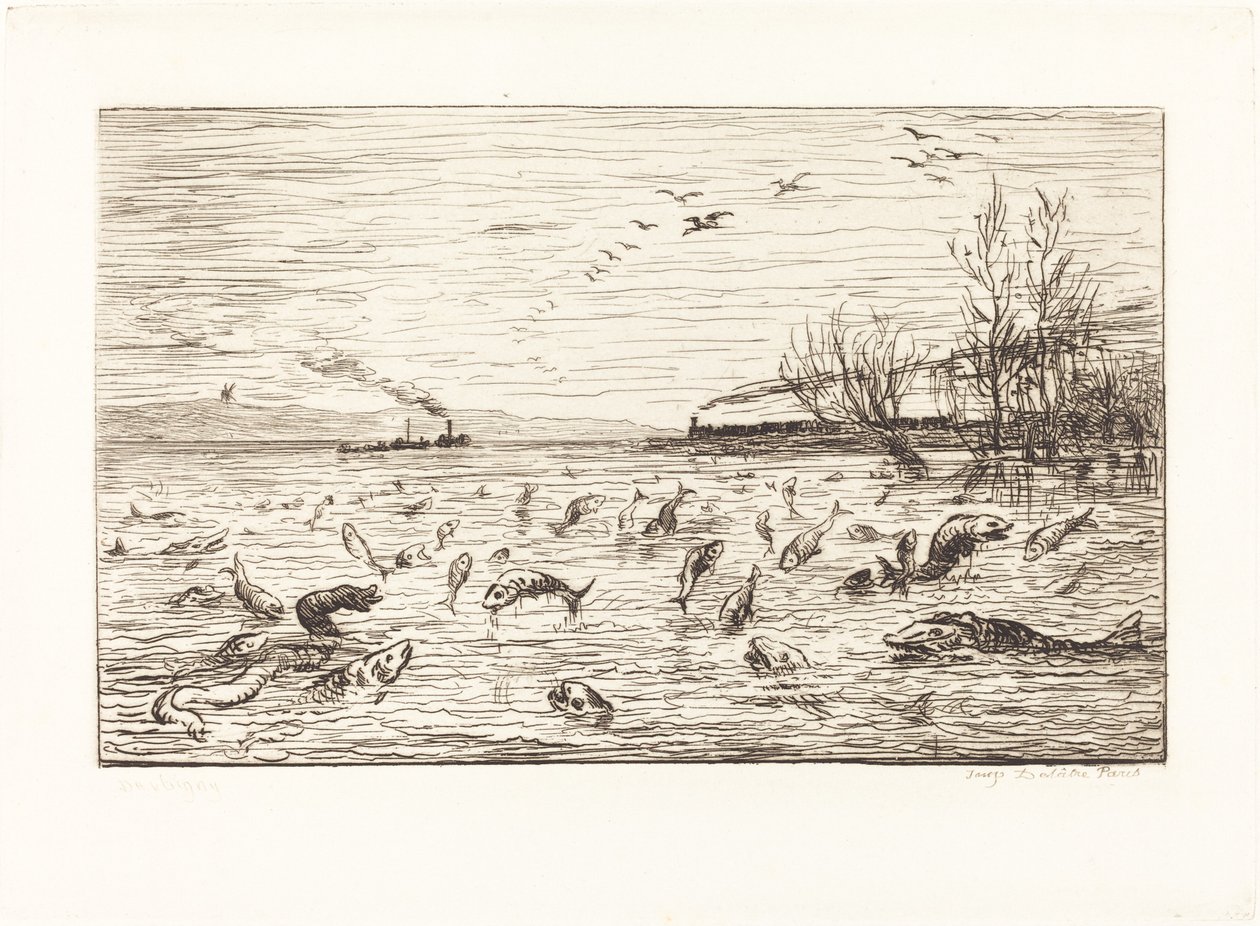 当船舱男孩离开时，鱼儿们欢呼雀跃》（Rejouissances de poissons du départ du mo 作者 查尔斯·弗朗索瓦·杜比尼