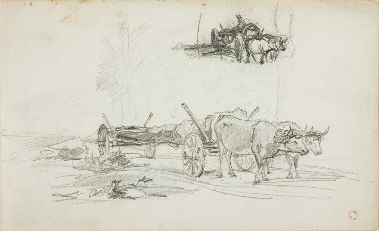 两幅牛拉原木的素描画 作者 查尔斯·弗朗索瓦·杜比尼