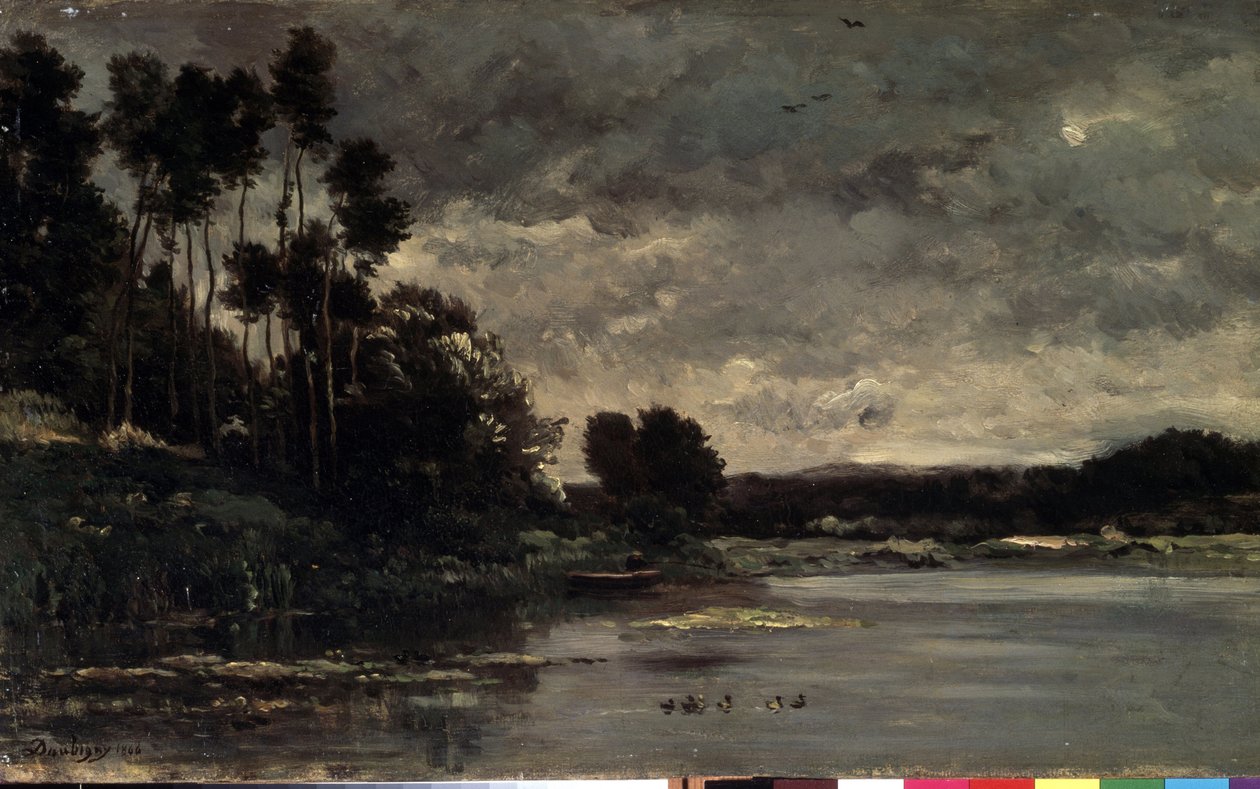 "Les bords de fleuve"（河岸） 查尔斯-弗朗索瓦-道比尼（1817-1878 年）的画作 1866 年 尺寸：26x460 厘米 圣彼得堡（圣彼得堡）冬宫博物馆 作者 查尔斯·弗朗索瓦·杜比尼