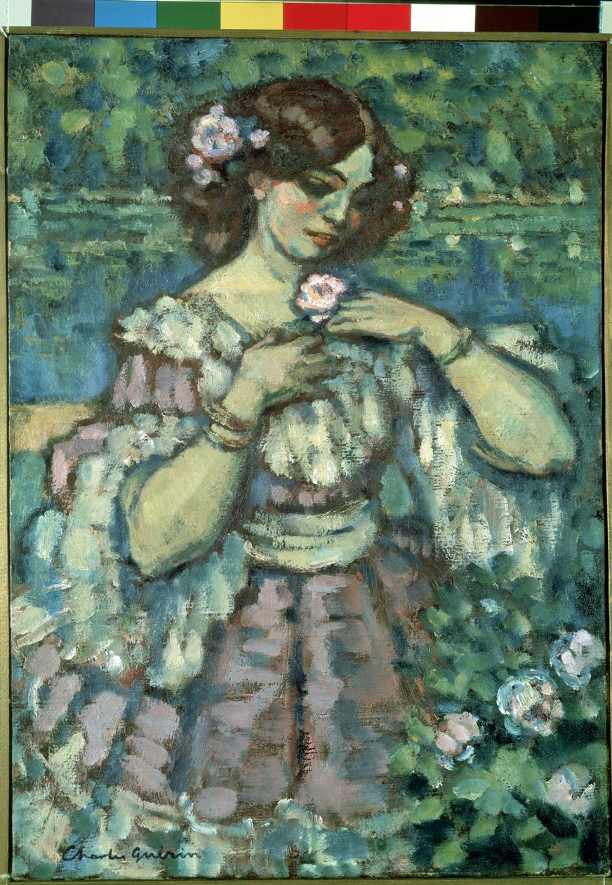 女孩与玫瑰。 查尔斯·盖林 (Charles Guerin) 的绘画（1875-1939） 作者 查尔斯·弗朗索瓦·普罗斯珀·盖林