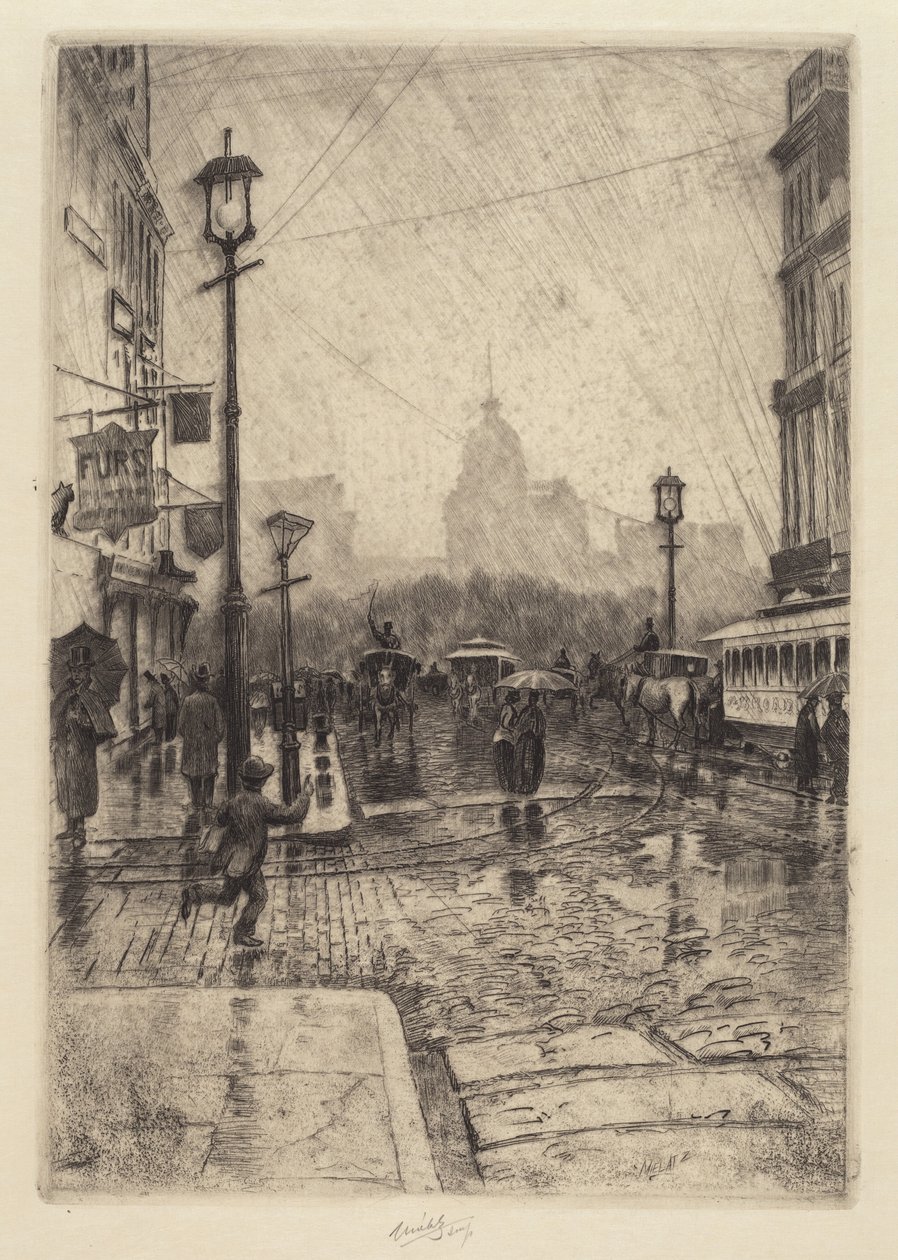 雨天，百老汇，可能是1890年。 作者 查尔斯·弗雷德里克·威廉·梅拉茨