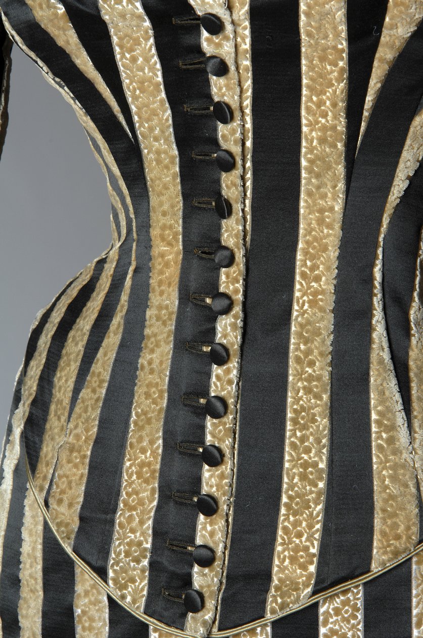 Evening dress, c.1884 (partial view of button closure). Silk satin and cut velvet, lace, silk thread tassels and fringe. Charles Frederick Worth, France. 作者 查尔斯·弗雷德里克·沃思