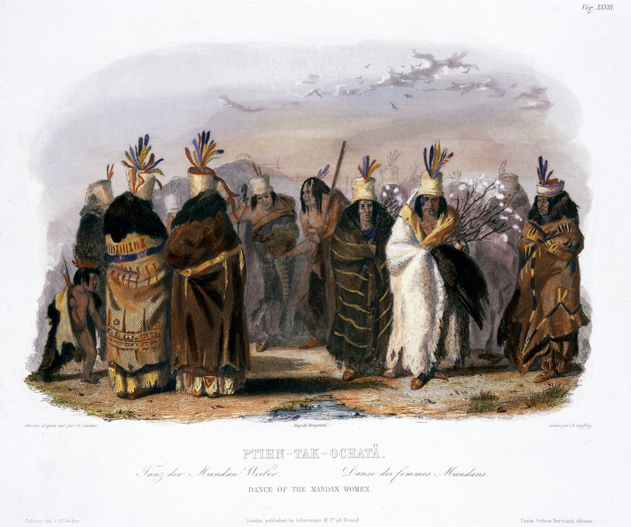 Ptihn-Tak-Ochata，曼丹妇女的舞蹈》，1843年 作者 查尔斯·杰弗罗伊