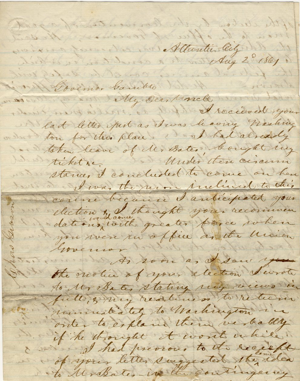 1861年8月2日，署名C.Gibson[查尔斯-吉布森]，大西洋城，给州长甘布尔[汉密尔顿-R-甘布尔]的信。 作者 查尔斯·吉布森
