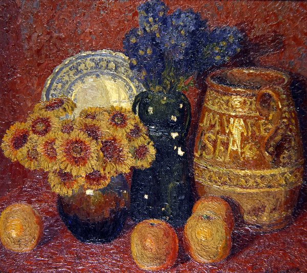 静物--花、陶器和苹果（布面油画） 作者 查尔斯·金纳