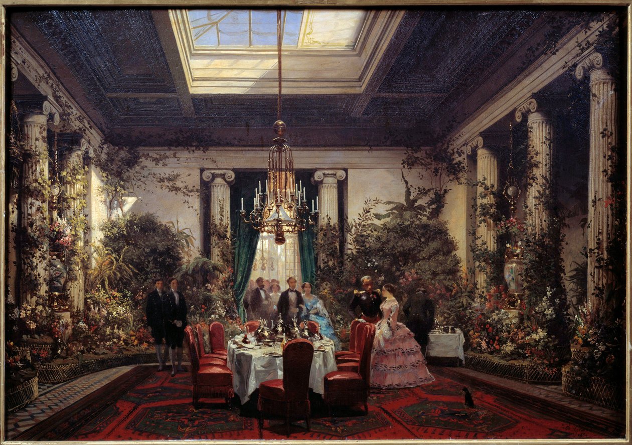 玛蒂尔德·莱蒂齐亚·波拿巴 (Mathilde Letizia Bonaparte) 公主 (1820-1904) 的早餐，巴黎库尔塞勒街 (rue de Courcelles) 塞巴斯蒂安·查尔斯·吉罗 (Sebastien Charles Giraud) (1819-1892) 1854 年 0,56x61 米。 贡比涅，城堡博物馆 作者 查尔斯·吉罗