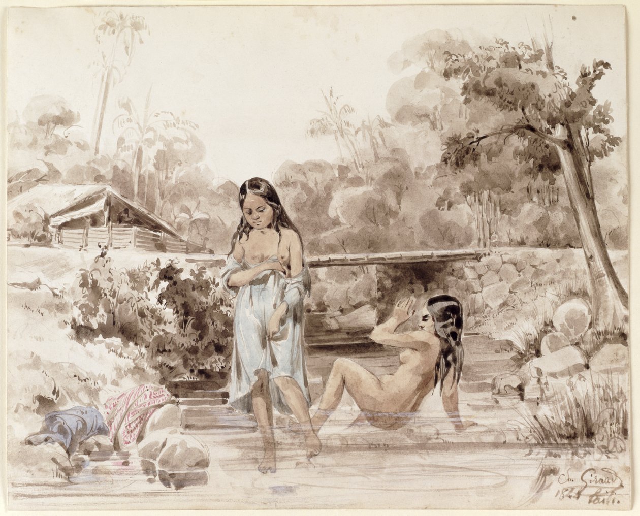 大溪地人沐浴，1844年（纸上洗笔） 作者 查尔斯·吉罗