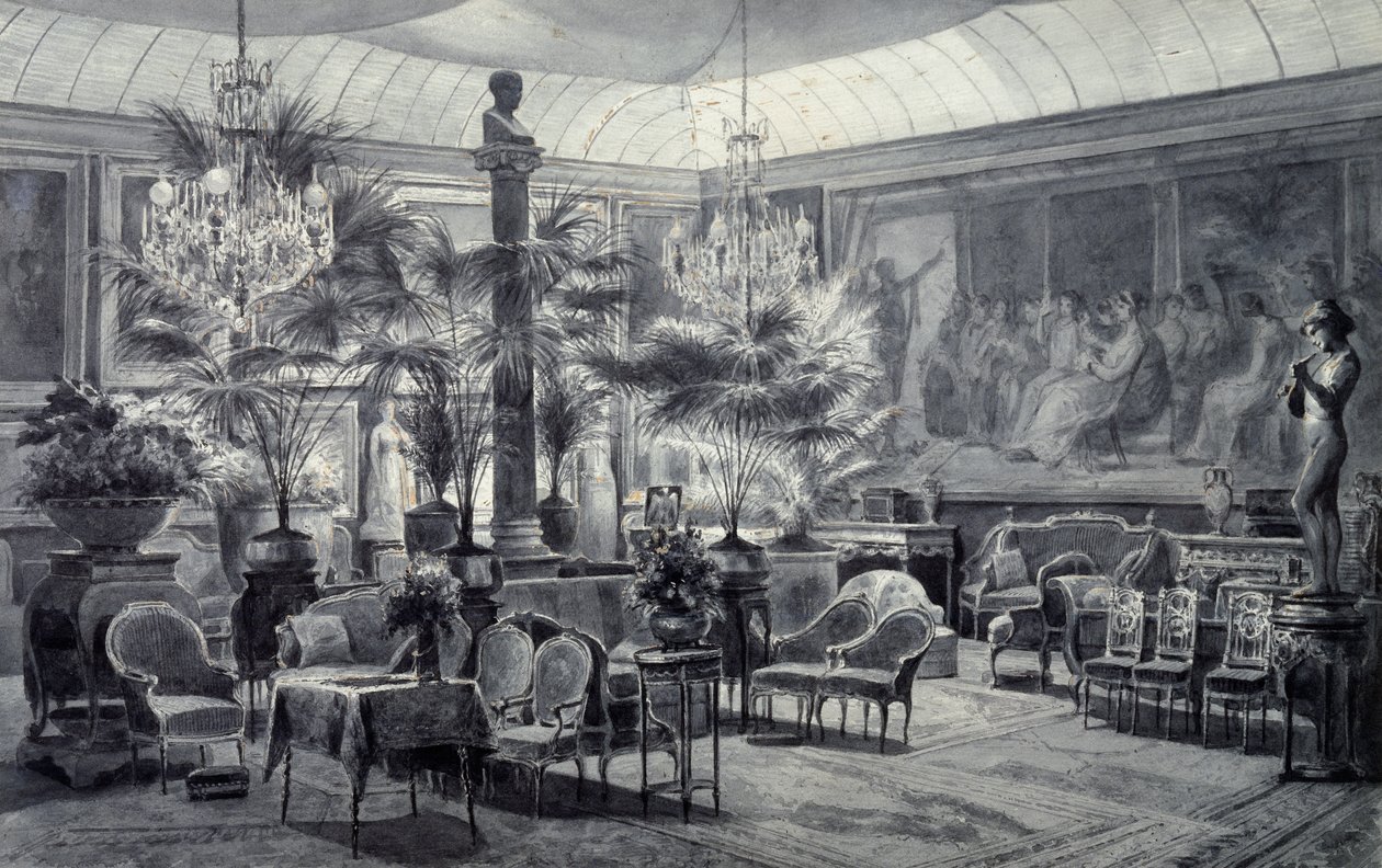 马蒂尔德公主的冬季花园，由查尔斯-吉罗（1819-1892）用灰色墨水和水粉画绘制。 作者 查尔斯·吉罗