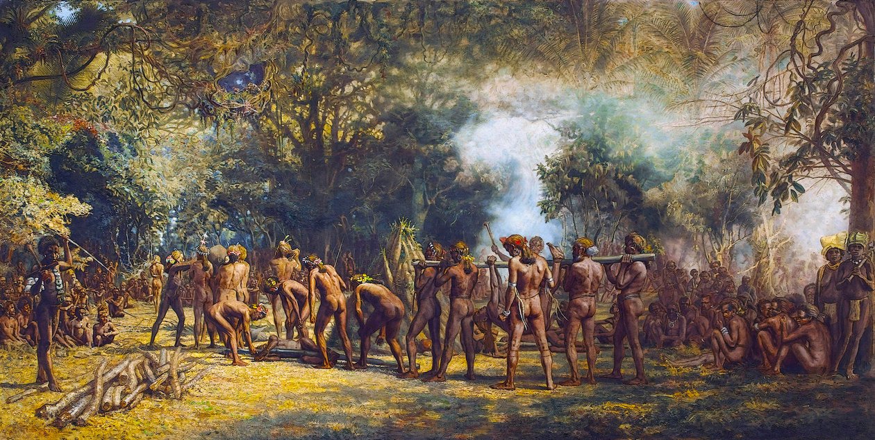 瓦努阿图塔纳岛上的食人族盛宴，约 1887 年（布面油画） 作者 查尔斯·戈登·弗雷泽