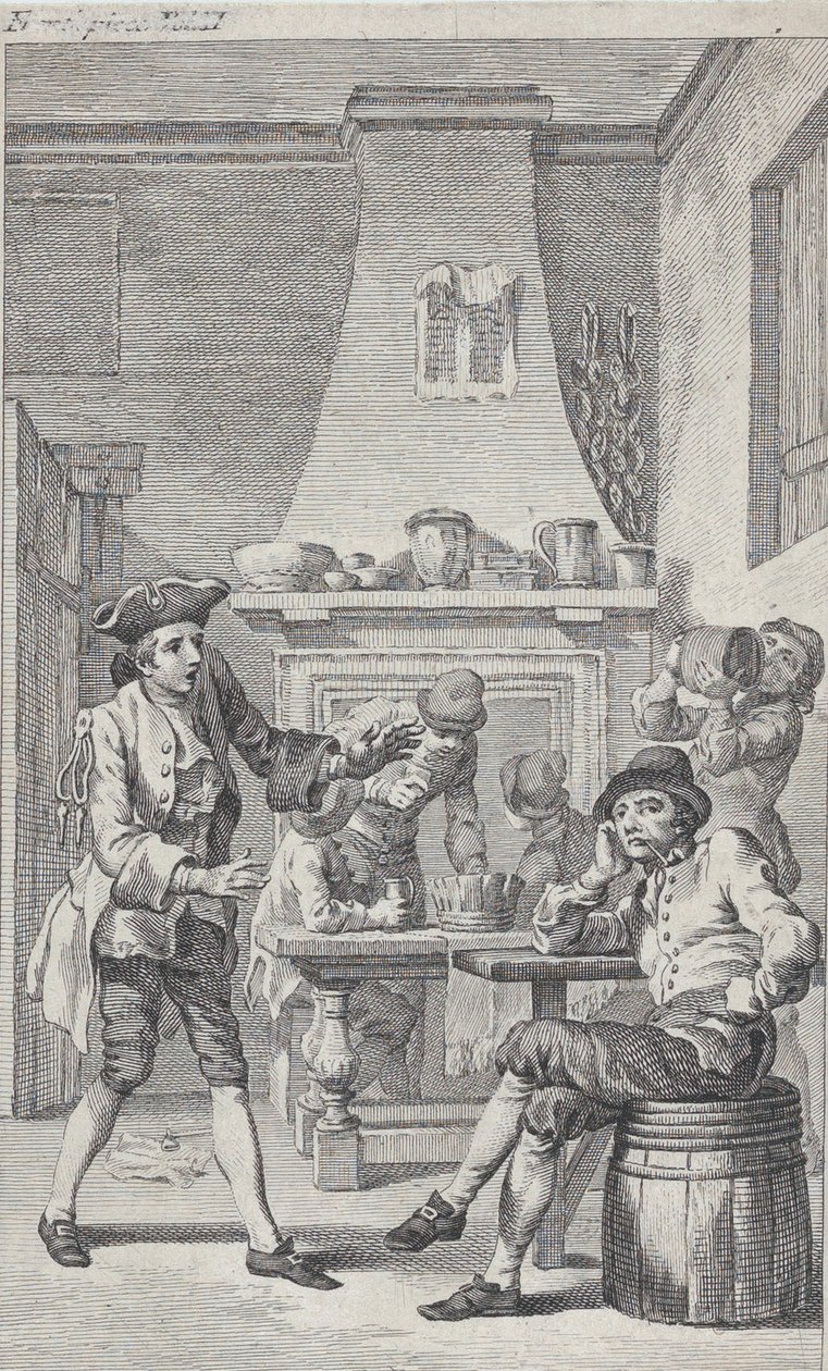 托比亚斯-斯莫利特的《罗德里克-兰登》的封面画，1748年。 作者 查尔斯·格里尼翁