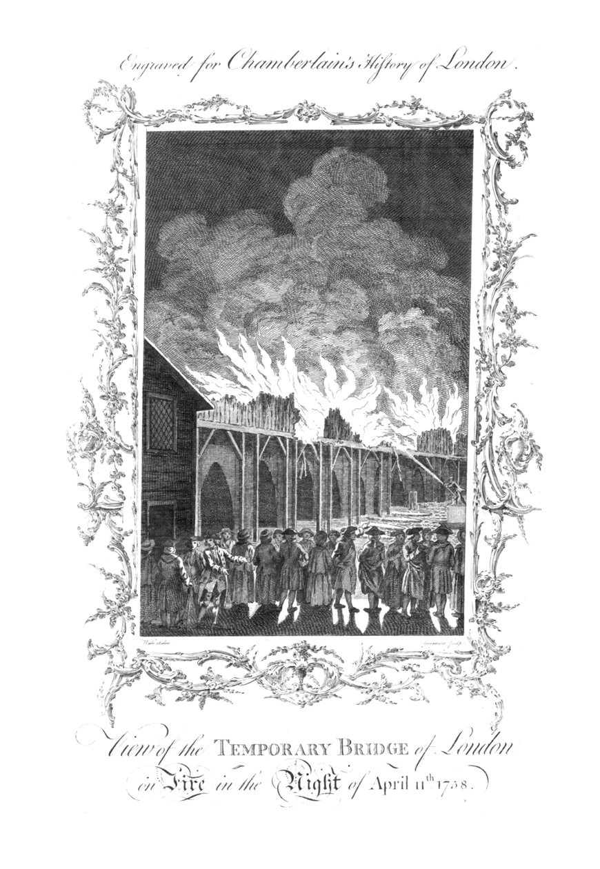 伦敦临时桥着火的景色... 1758。，c1770 作者 查尔斯·格里尼翁