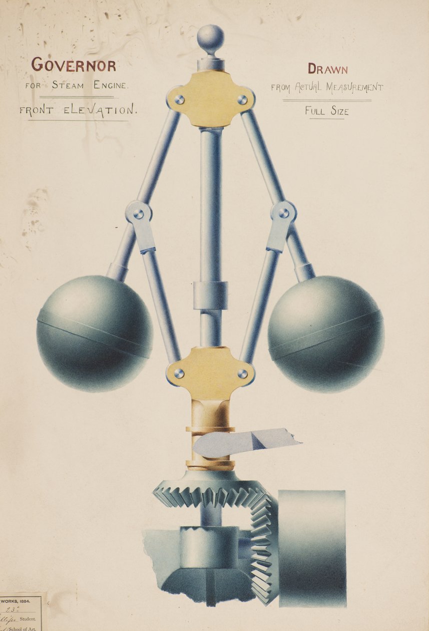 蒸汽机调速器 - 前立面图，c.1882（水彩） 作者 查尔斯·古斯塔夫·路易斯·菲利普斯