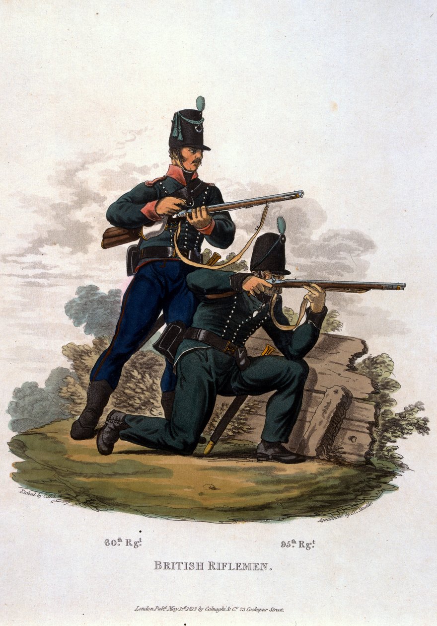 英国步枪兵，来自“大英帝国军队的服装，根据最后的规定1812”，由JC Stadler雕刻，由Colnaghi und Co. 1812-15（彩色aquatint）出版 作者 查尔斯·汉密尔顿·史密斯