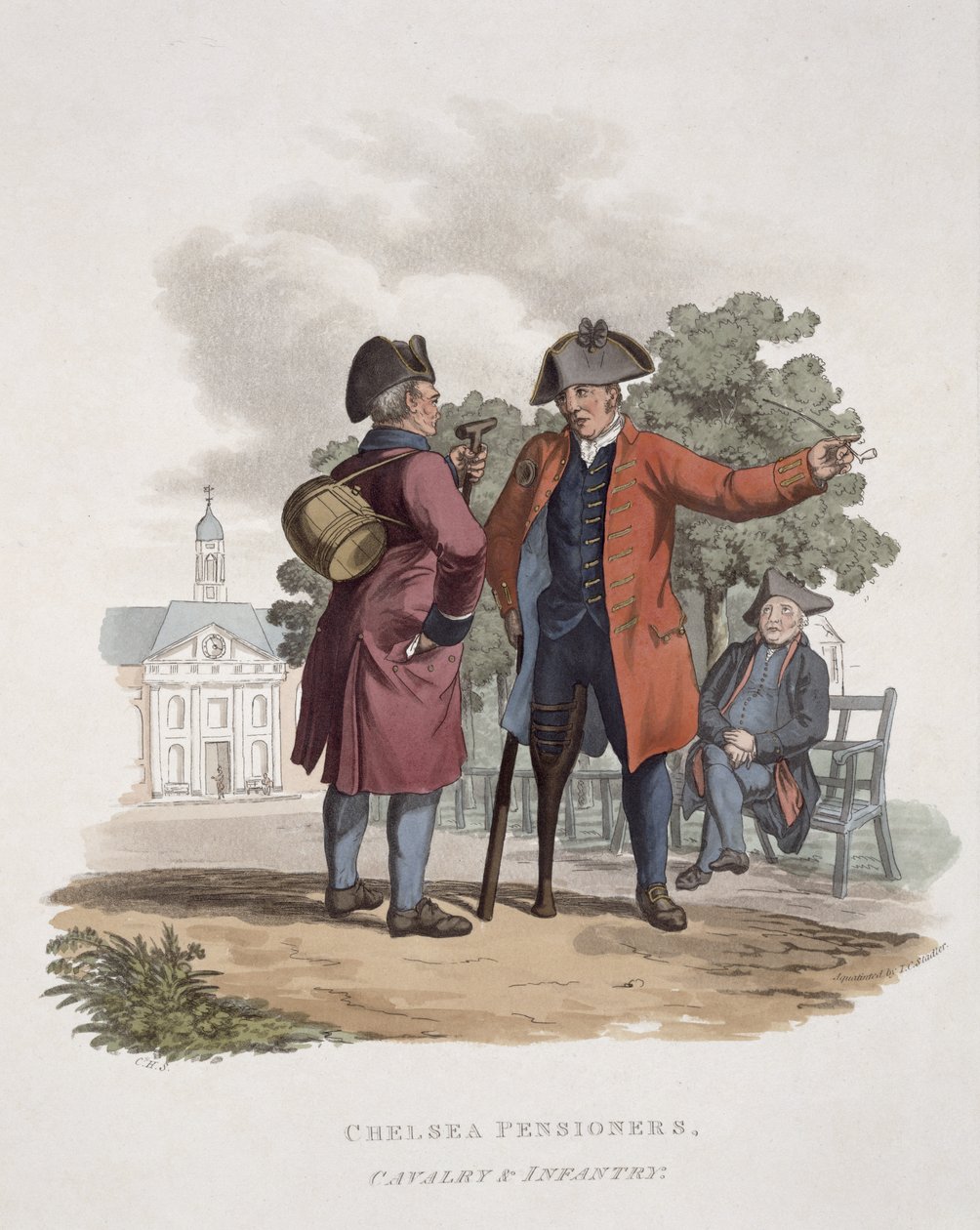 切尔西养老金属，骑兵和步兵，来自“大英帝国军队的服装”，由Joseph Constantine Stadler（17,08-1812）镌刻，出版于1812-15 作者 查尔斯·汉密尔顿·史密斯